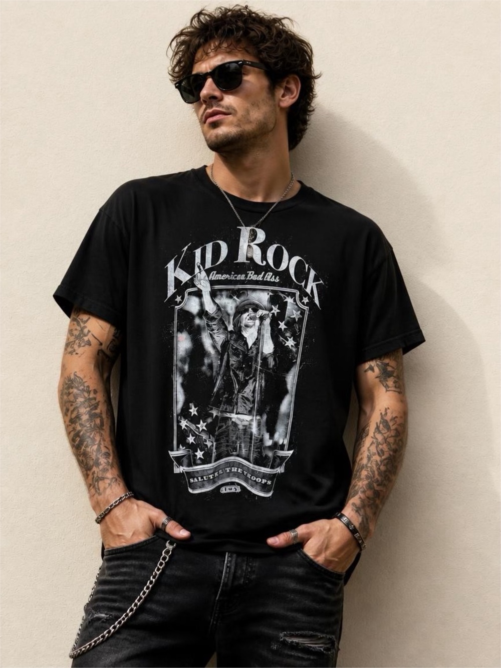 Kid Rock Graphic Short Sleeve Tee Salute The Troops USA American Bad Ass Sz XXL